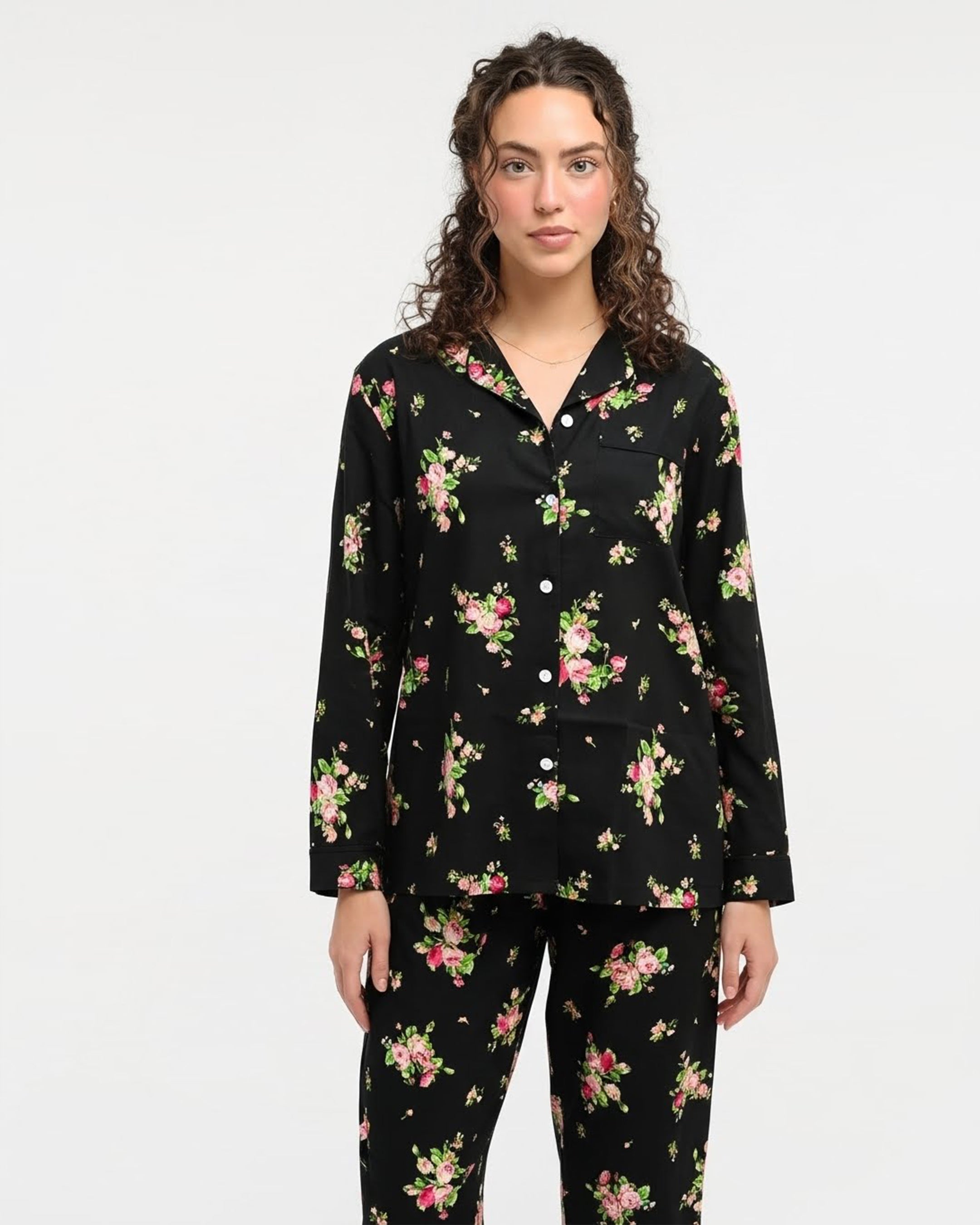 Linen Pajama Suit - Black Floral