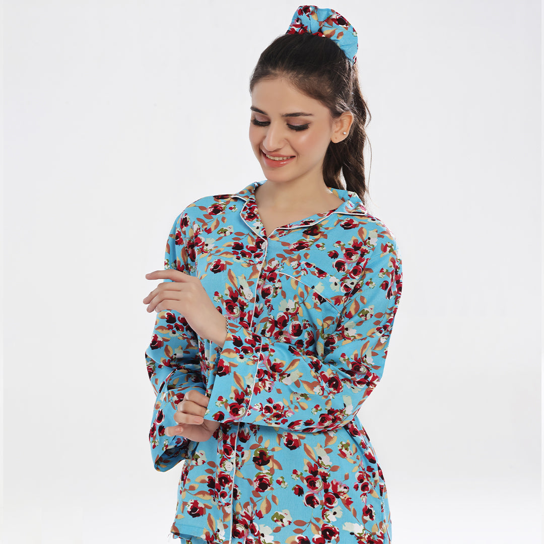 Linen Pajama Suit with Scrunchie - Crimson Comfort
