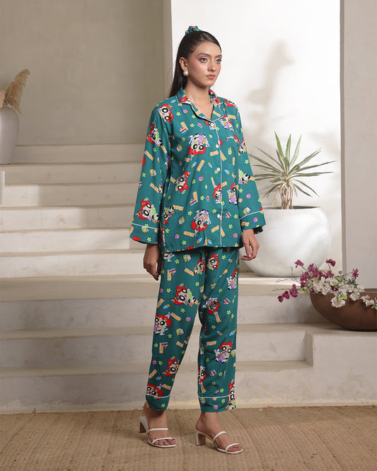 Linen Pajama Suit with Scrunchie - Green Vibe