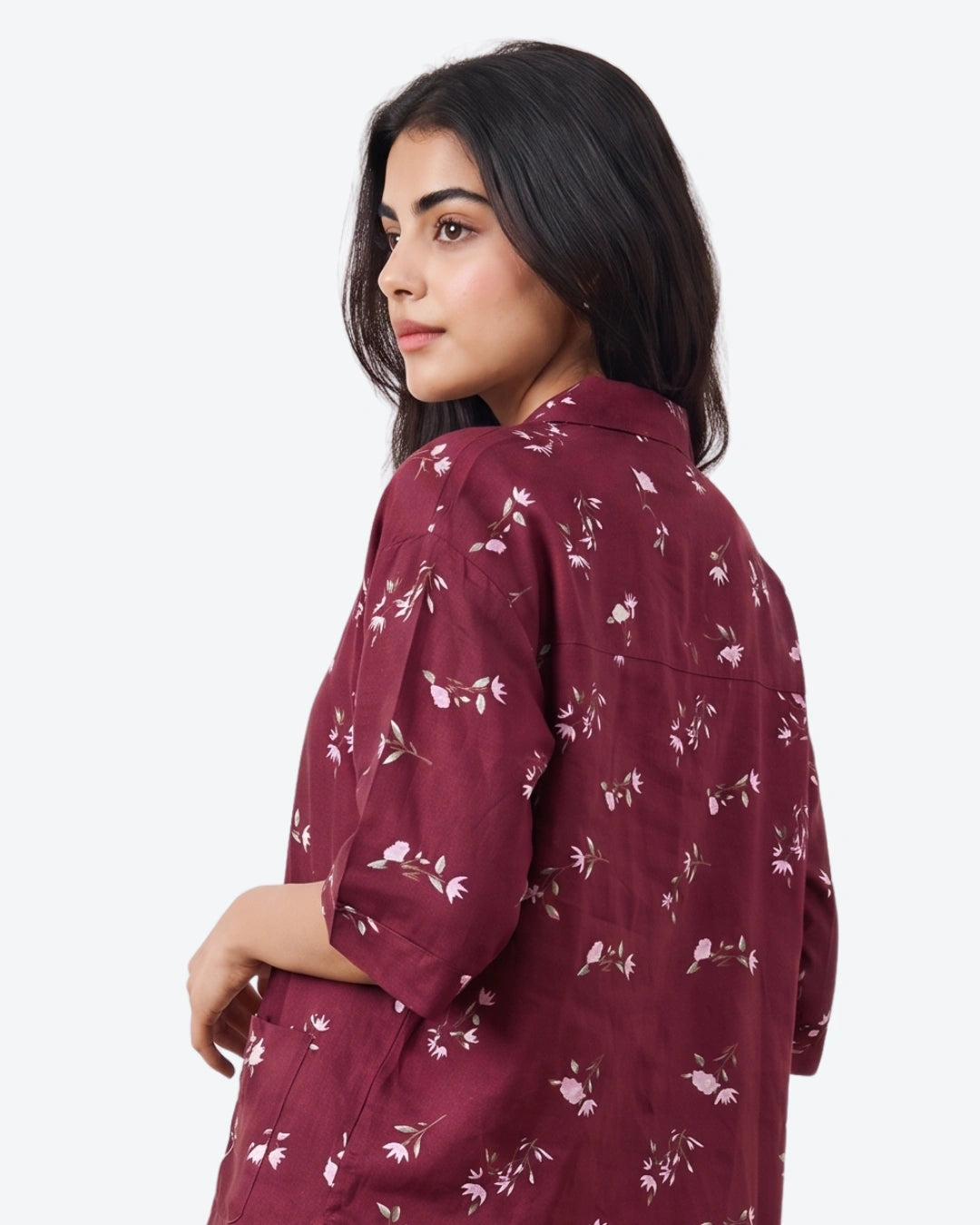 Linen Oversized PJ Set - Floral Breeze - Maroon