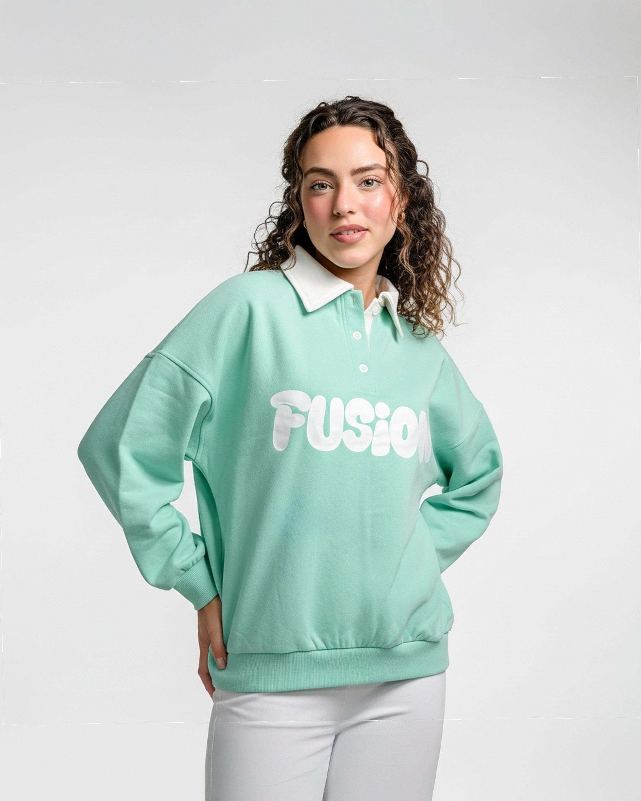 Fleece Polo Style Sweatshirt - FUSION - Aqua