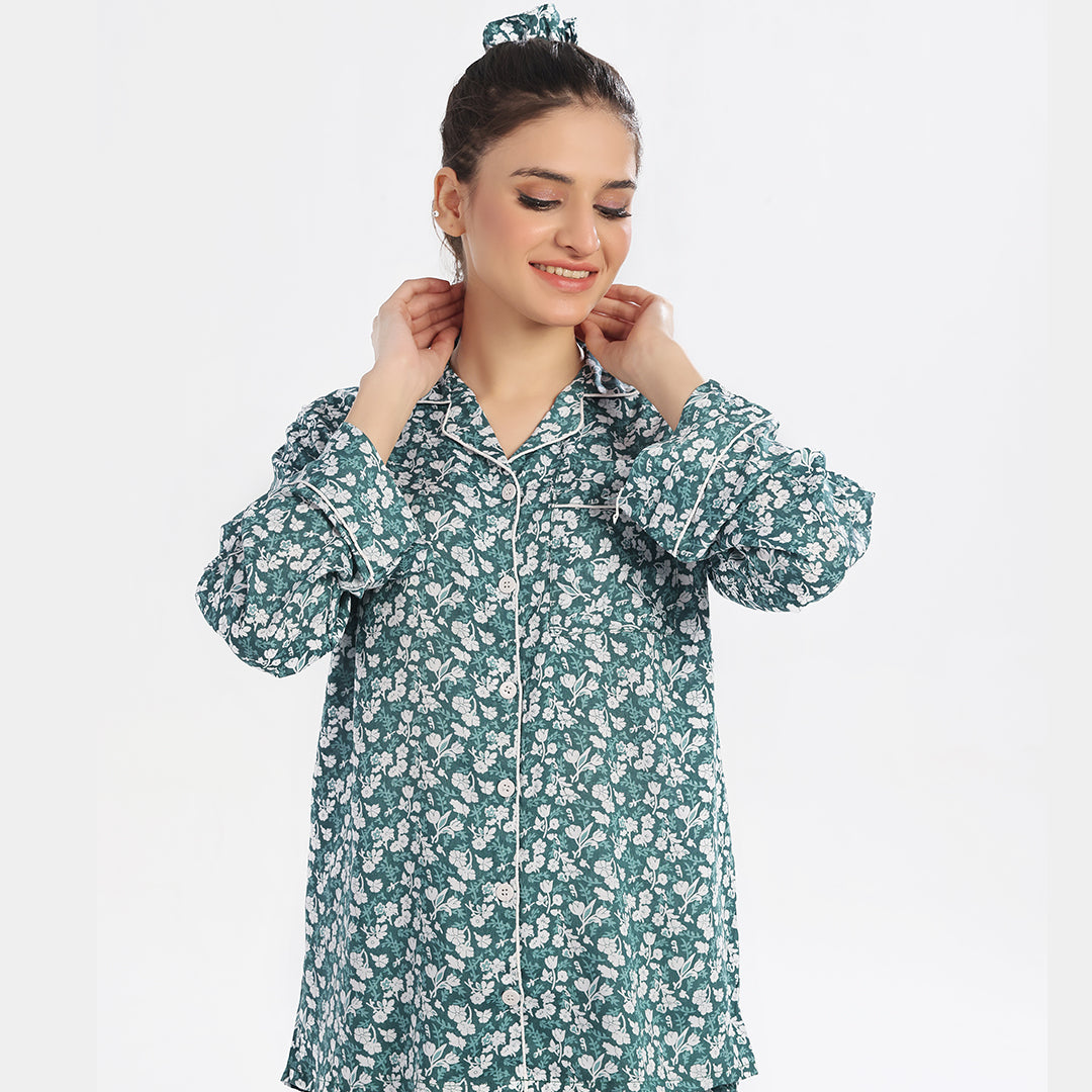 Sajiero Floral Deep Sea Green Linen Pajama Suit with Scrunchie