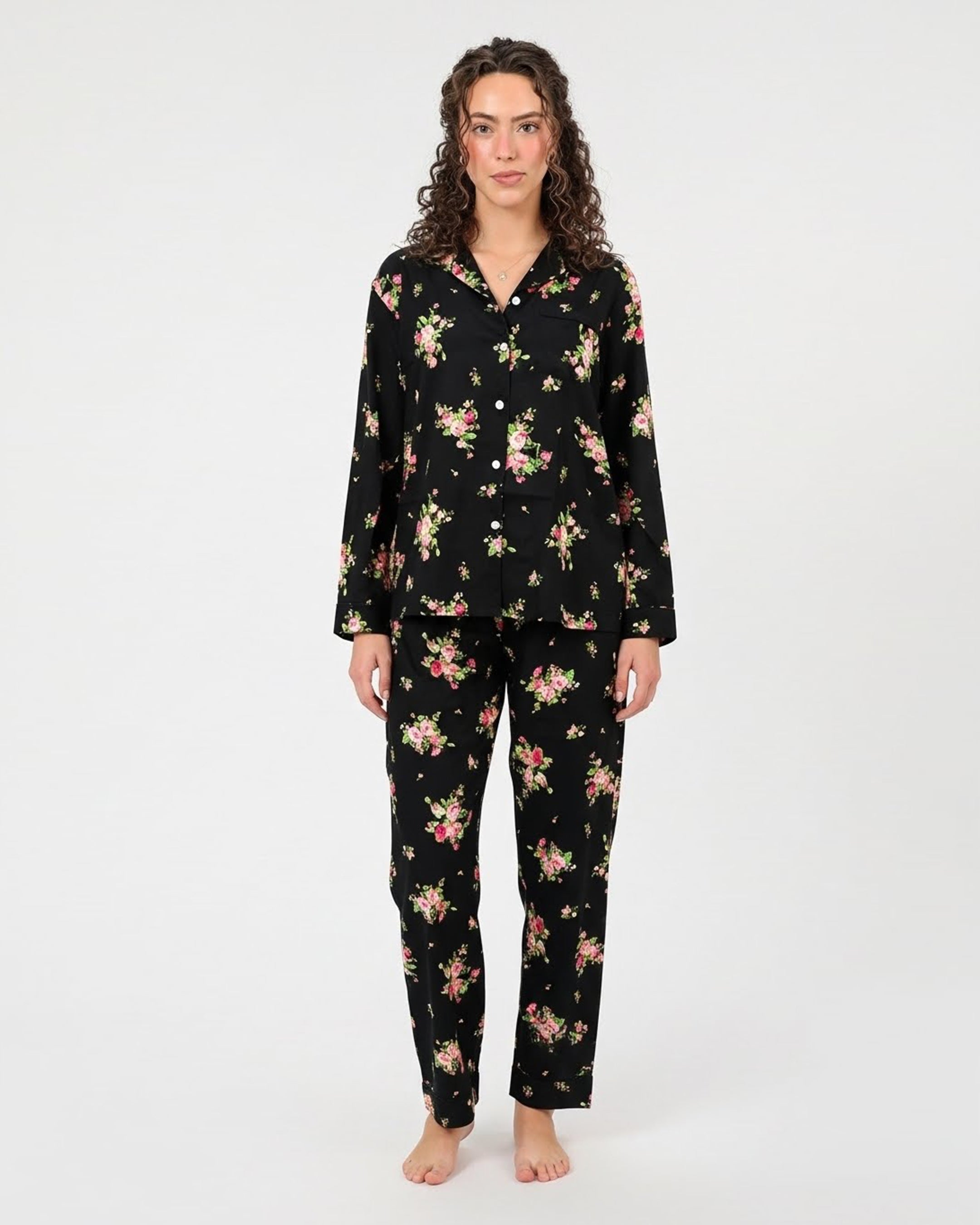 Linen Pajama Suit - Black Floral