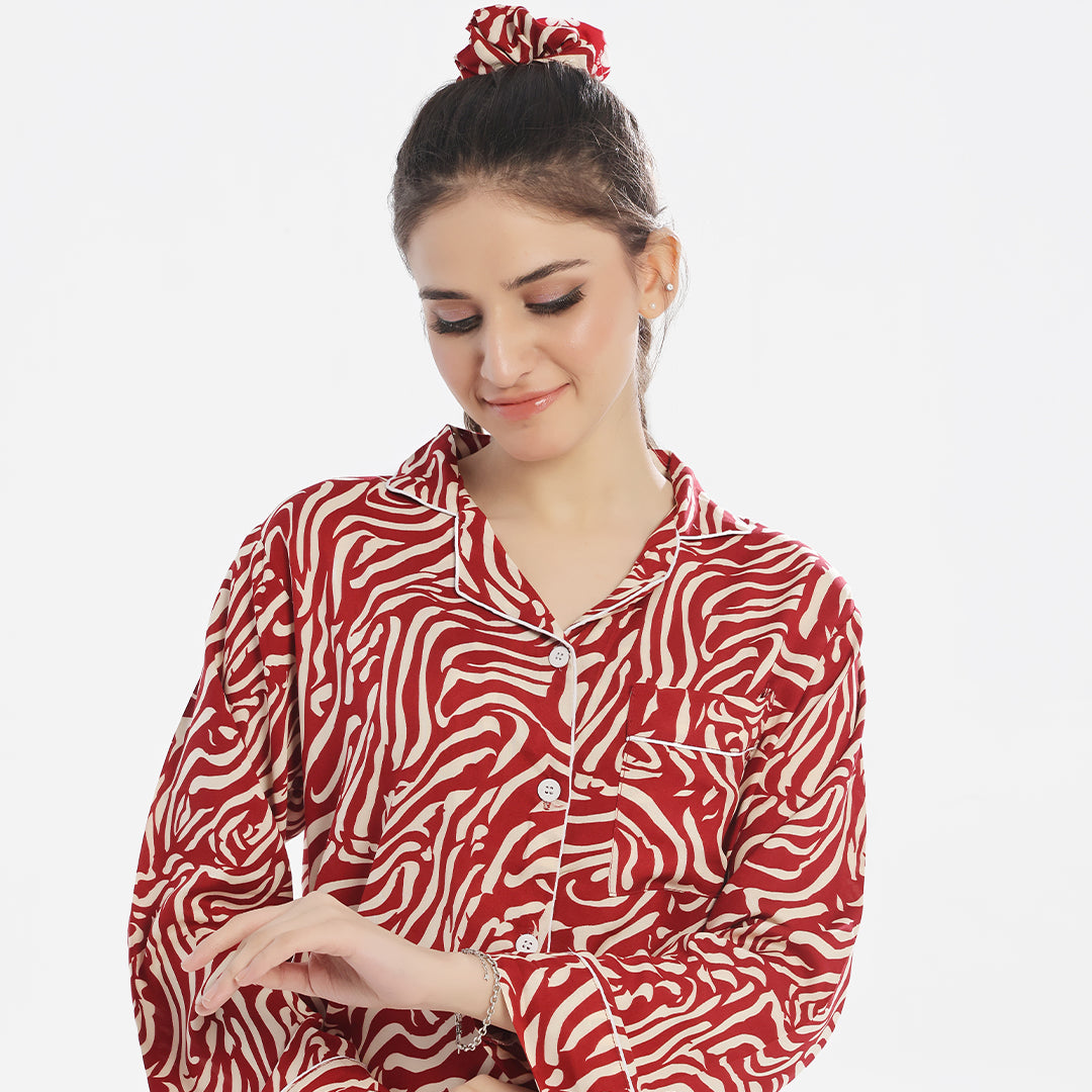 Linen Pajama Suit with Scrunchie - Flame Luxe