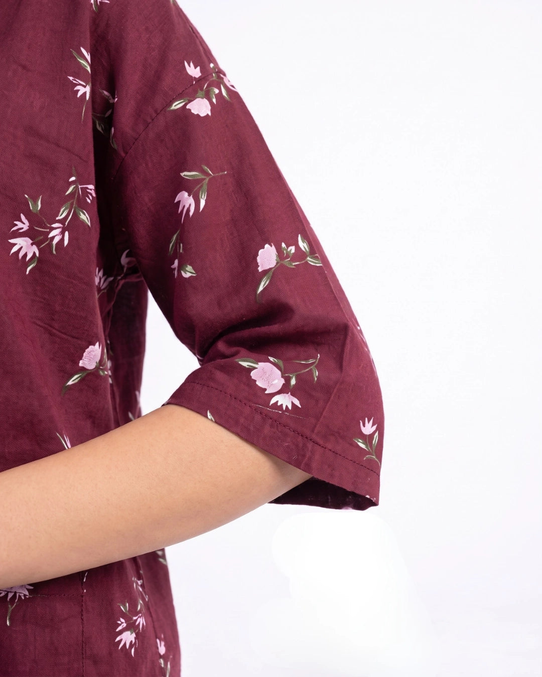 Linen Oversized PJ Set - Floral Breeze - Maroon