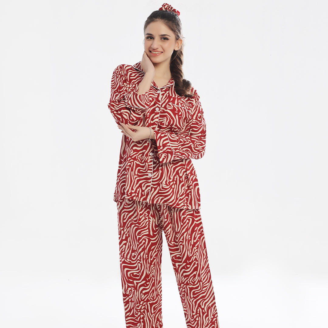 Linen Pajama Suit with Scrunchie - Flame Luxe