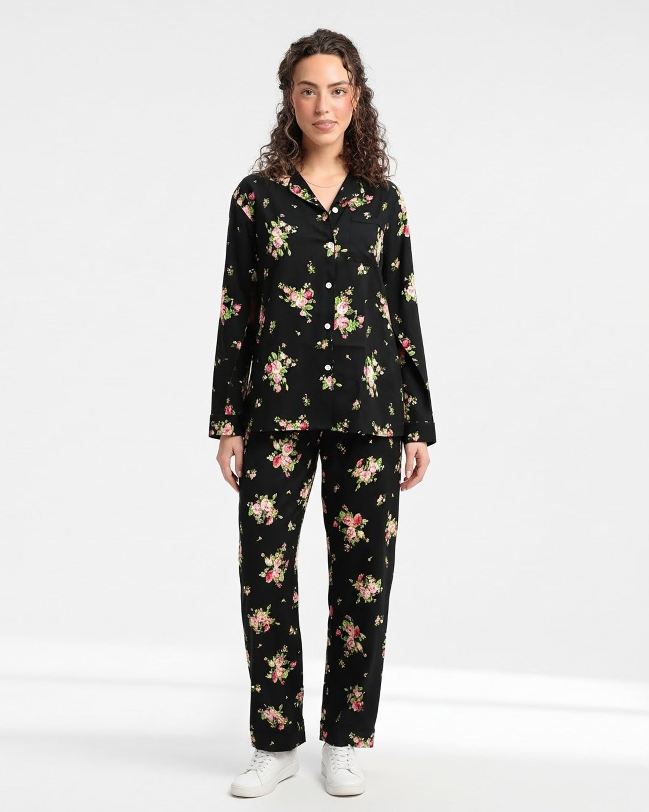 Linen Pajama Suit - Black Floral