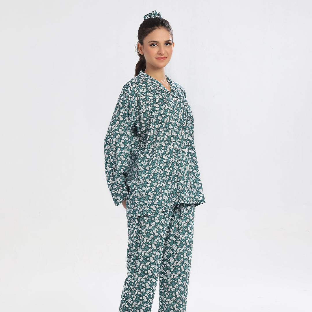 Sajiero Floral Deep Sea Green Linen Pajama Suit with Scrunchie