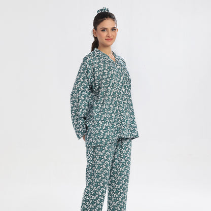 Sajiero Floral Deep Sea Green Linen Pajama Suit with Scrunchie