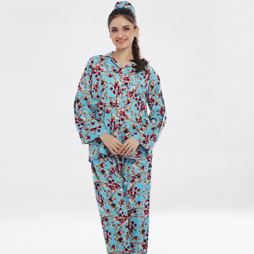 Linen Pajama Suit with Scrunchie - Crimson Comfort