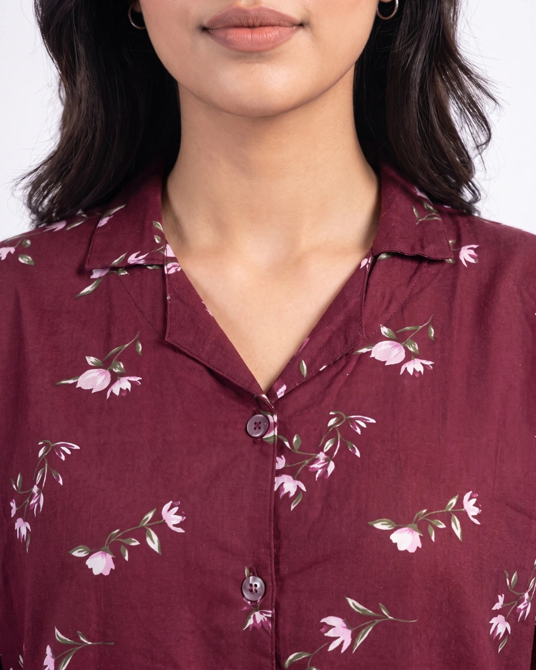 Linen Oversized PJ Set - Floral Breeze - Maroon