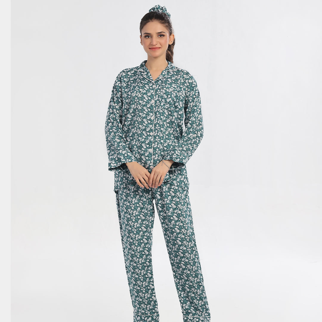 Sajiero Floral Deep Sea Green Linen Pajama Suit with Scrunchie