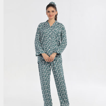 Sajiero Floral Deep Sea Green Linen Pajama Suit with Scrunchie