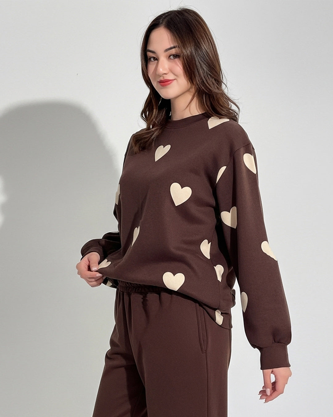 Fleece Pajama Set – Heart Cozy - Brown