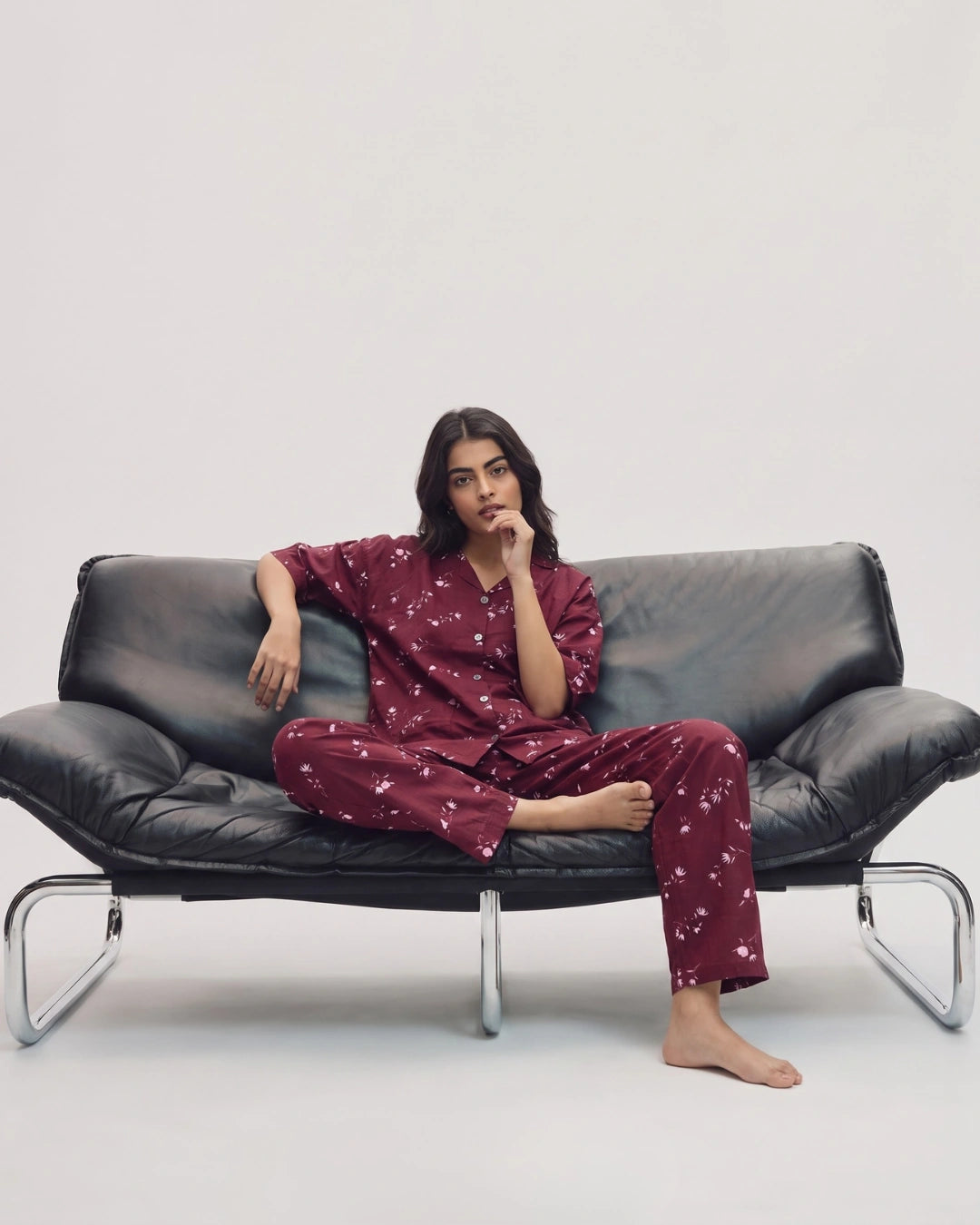 Linen Oversized PJ Set - Floral Breeze - Maroon