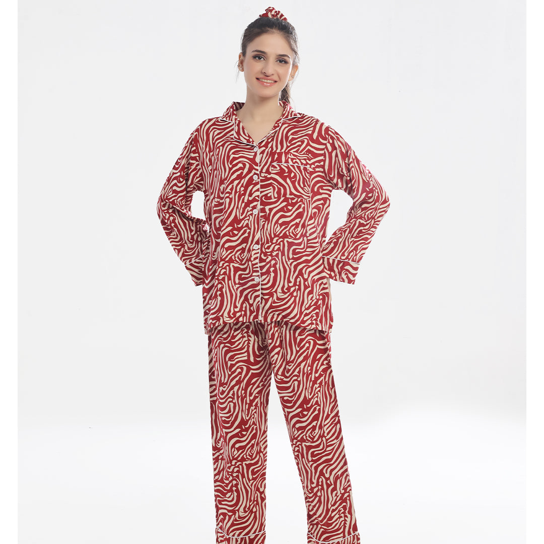 Linen Pajama Suit with Scrunchie - Flame Luxe