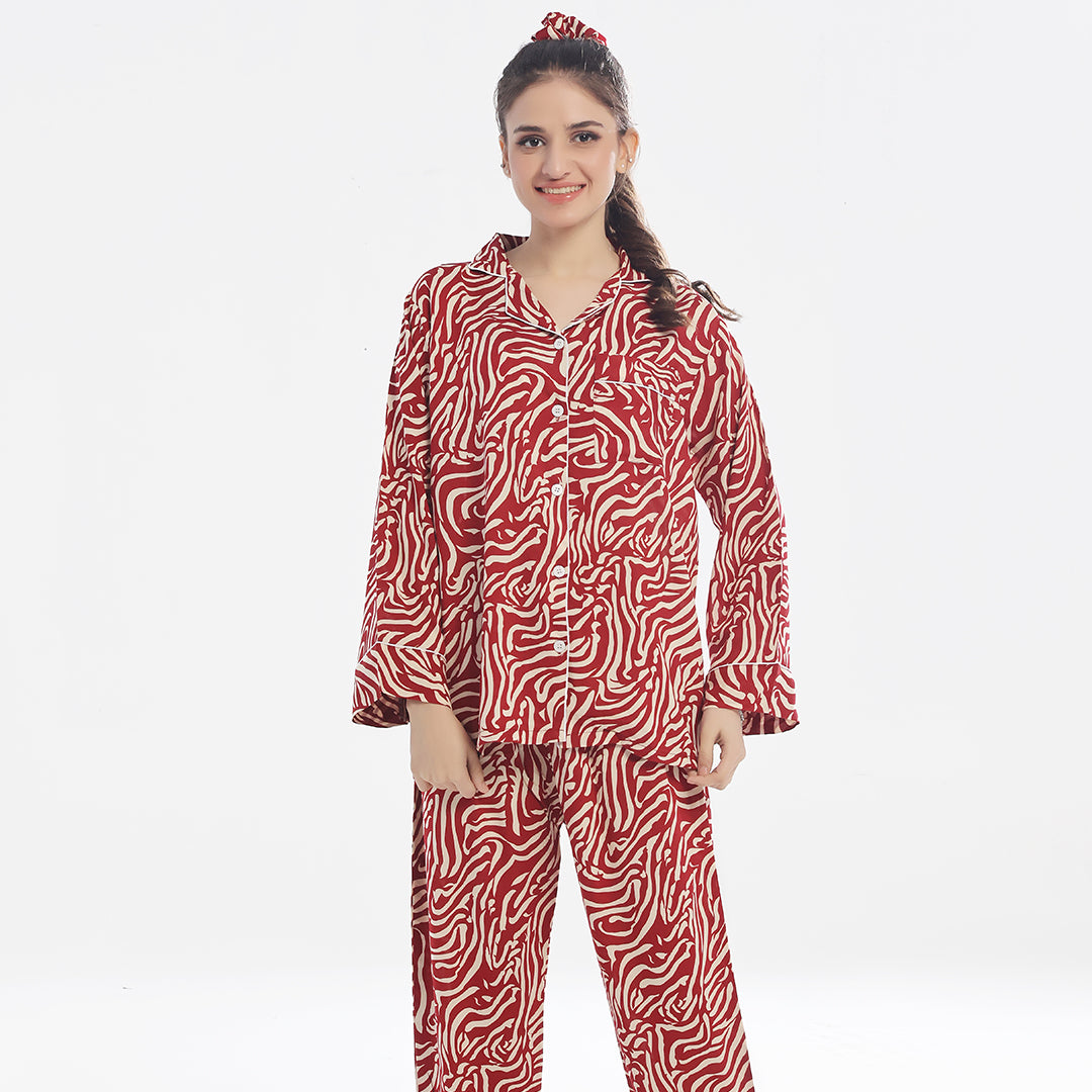Linen Pajama Suit with Scrunchie - Flame Luxe