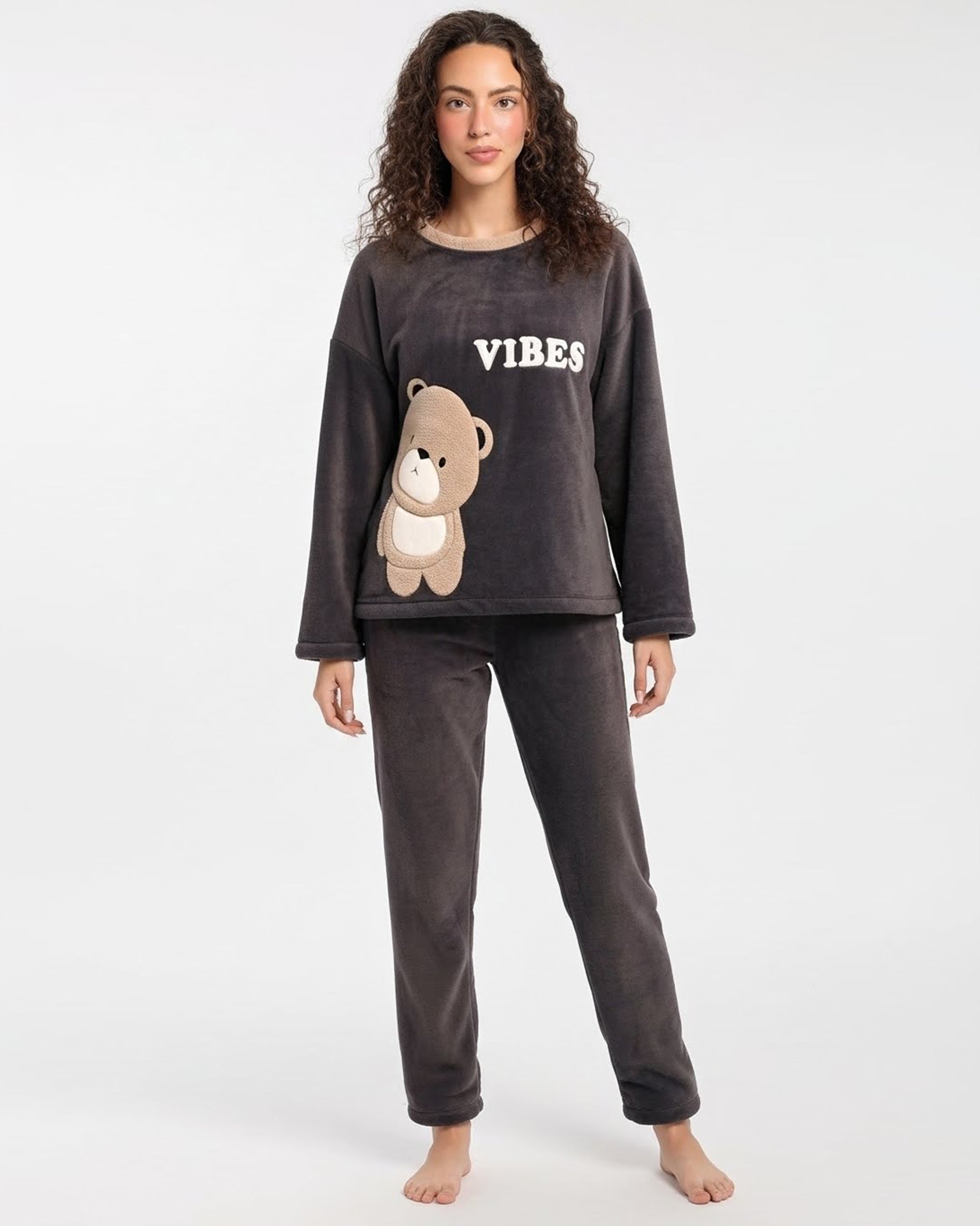 Fleece Long Sleeve Pajama Suit Dark Grey