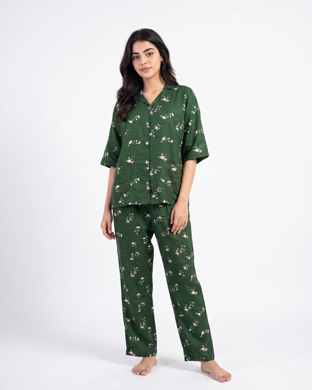 Linen Oversized PJ Set - Floral Breeze - Green