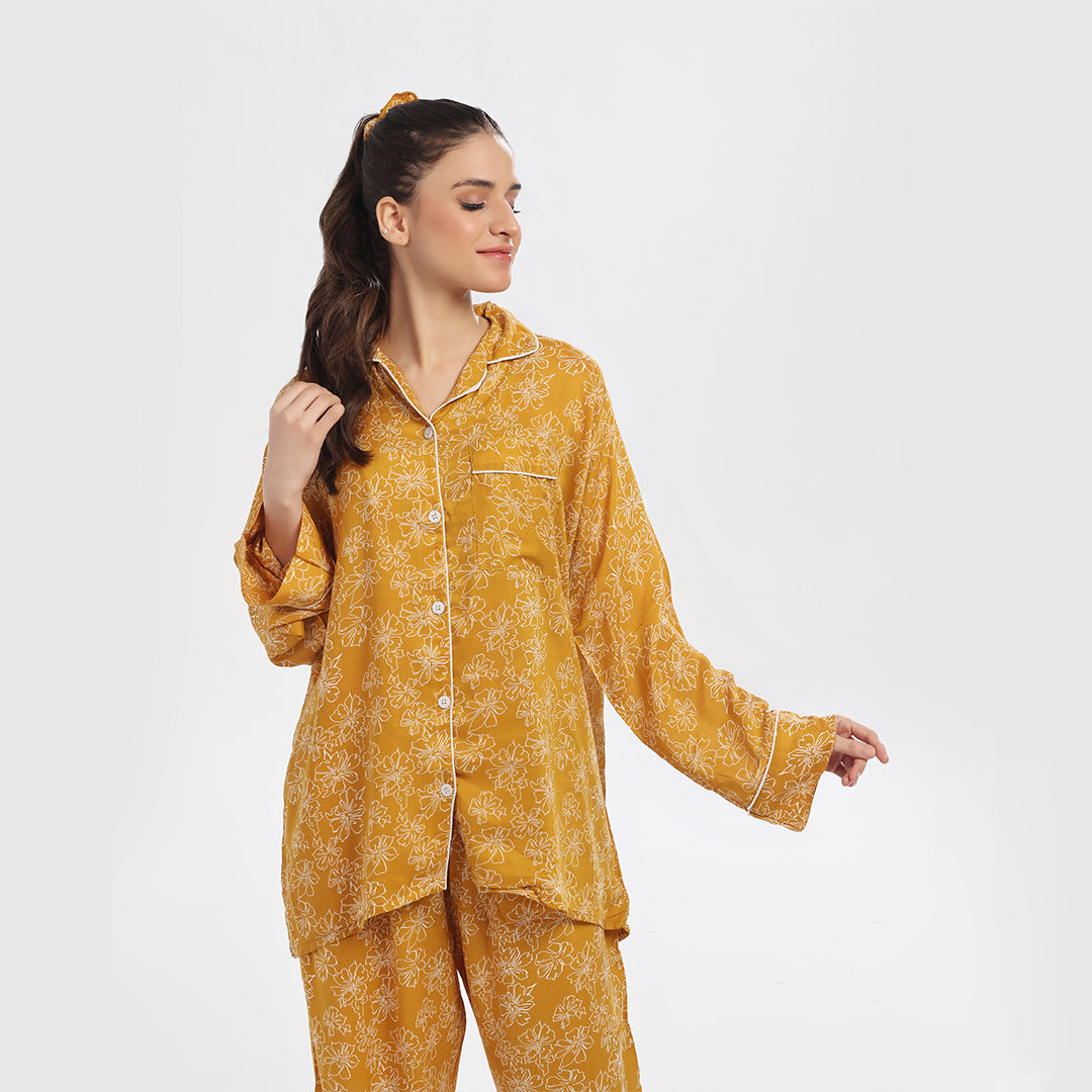 Sajiero Marigold Linen Pajama Suit with Scrunchie