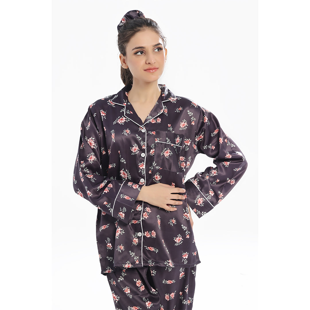 Silk Pajama Suit  with Scrunchie - Dark Fleur
