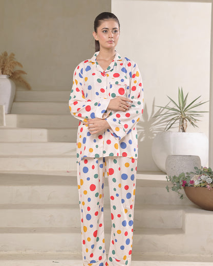 Sajiero Linen Pajama Suit with Scrunchie - Dot Delight