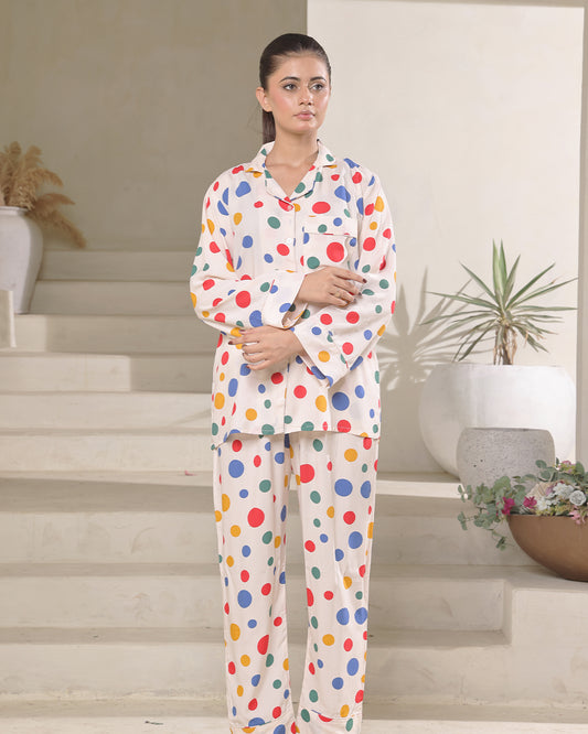 Sajiero Linen Pajama Suit with Scrunchie - Dot Delight