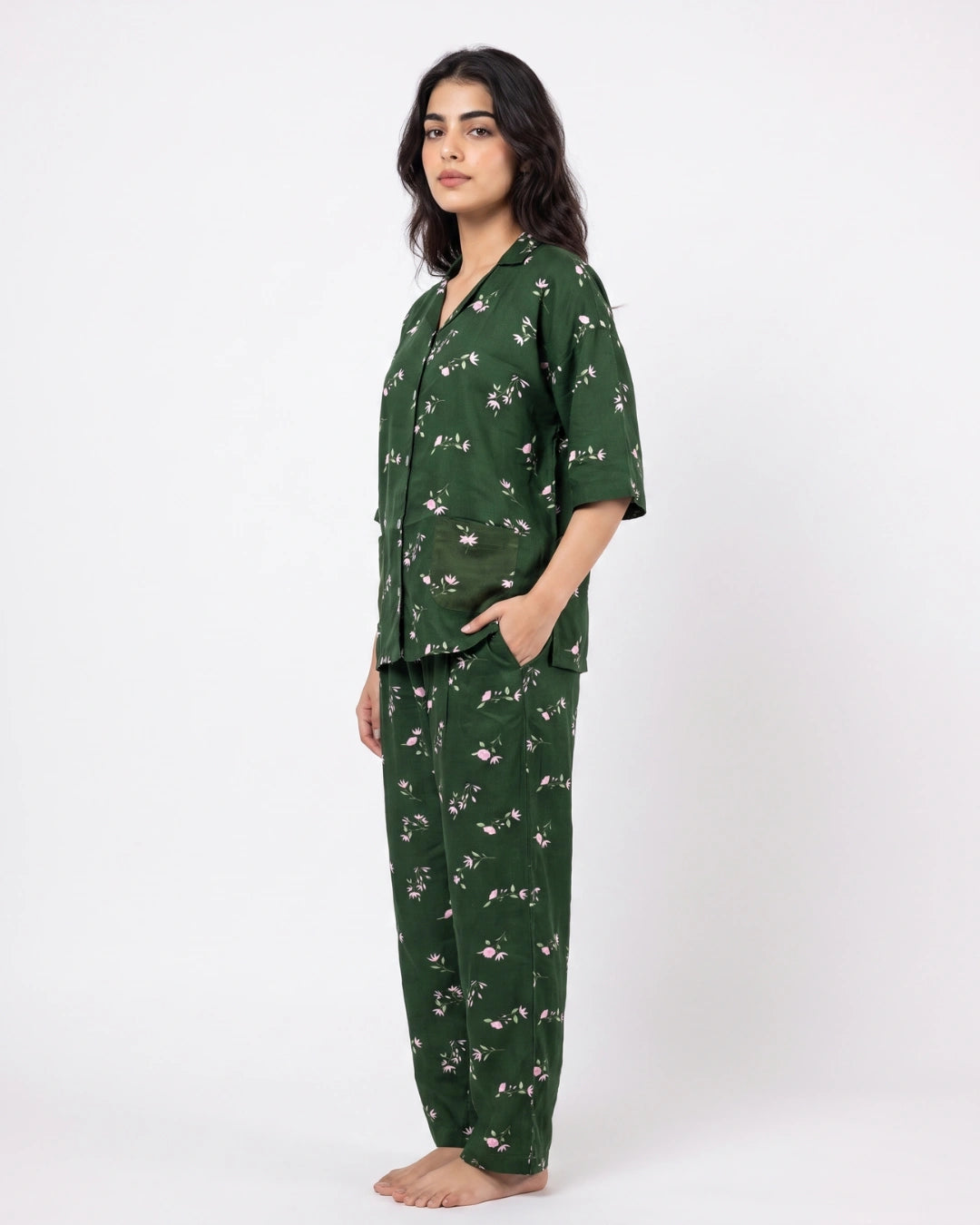 Linen Oversized PJ Set - Floral Breeze - Green