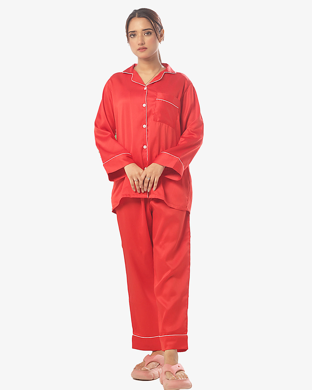 Sajiero Silk Pajama Suit with Scrunchie - Pearl
