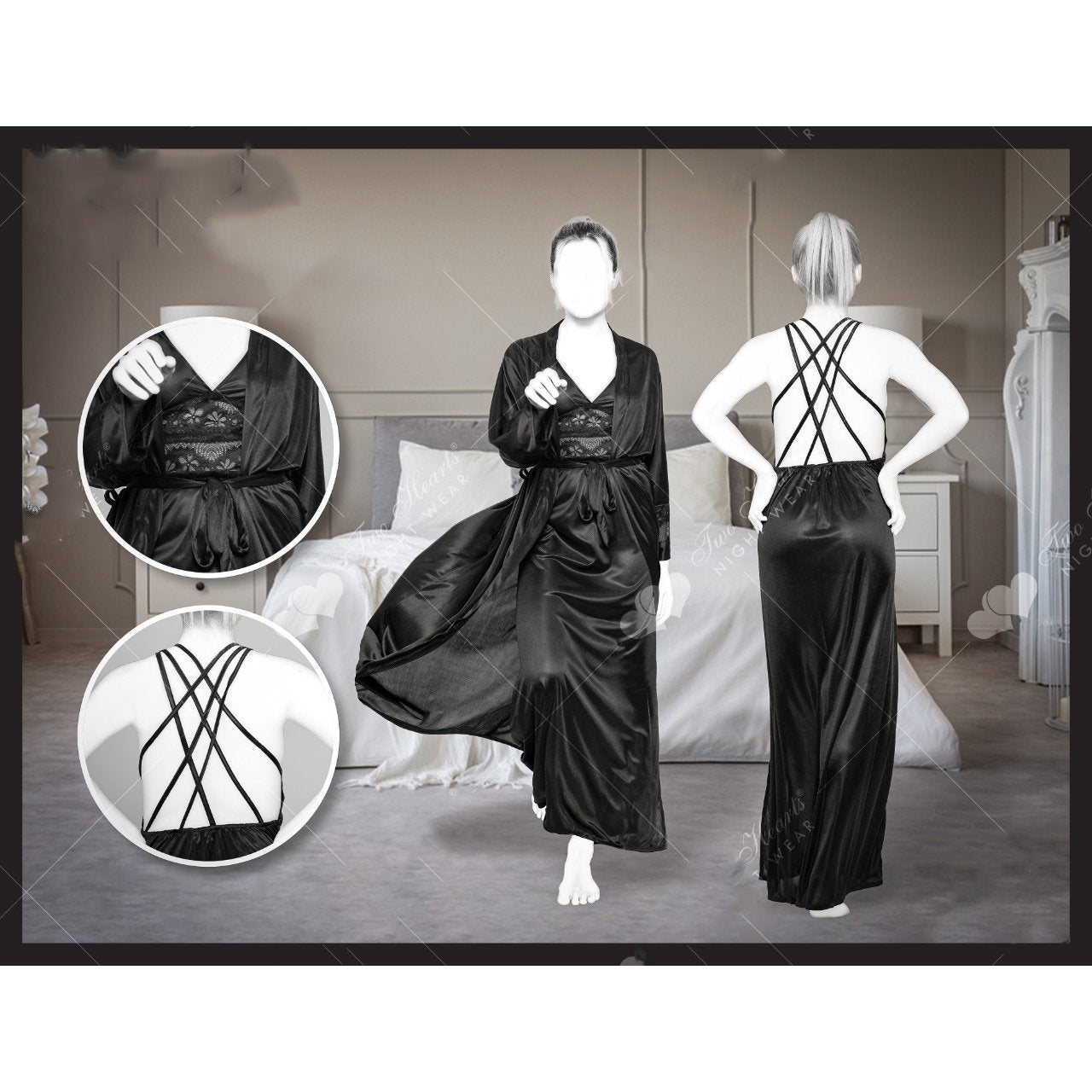 2 Piece Silk Nightwear Inner + Gown For Girls & Women