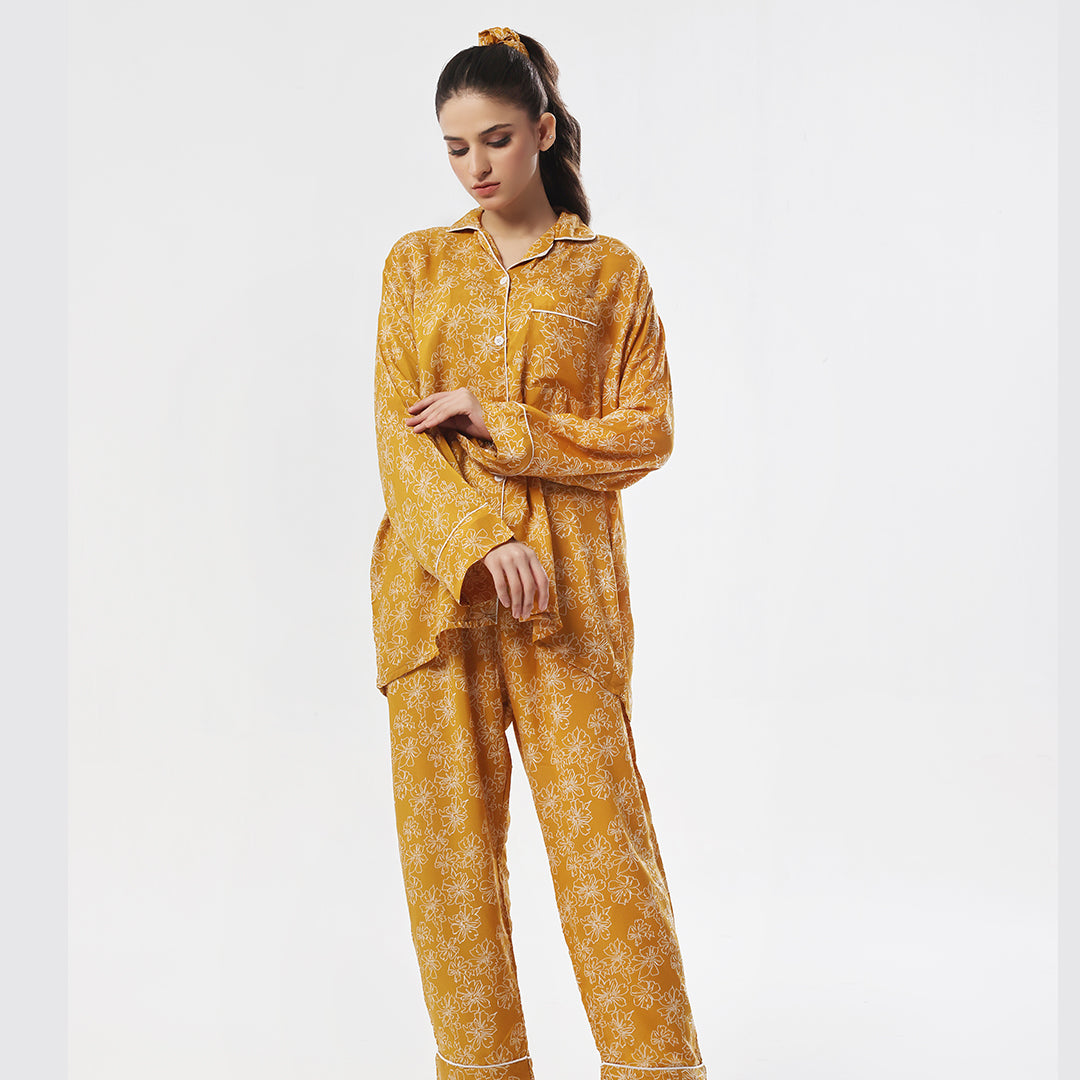 Sajiero Marigold Linen Pajama Suit with Scrunchie