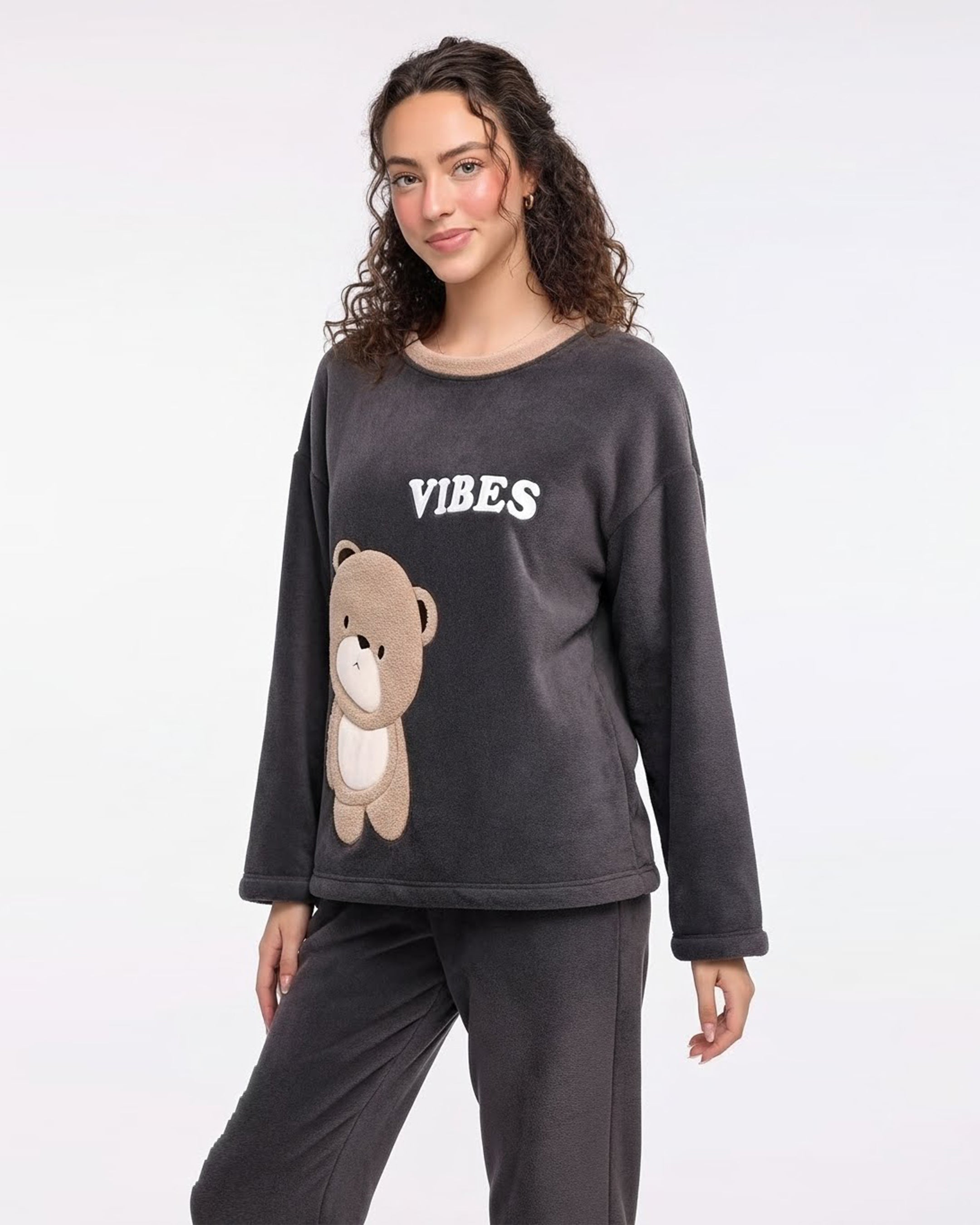 Fleece Long Sleeve Pajama Suit Dark Grey