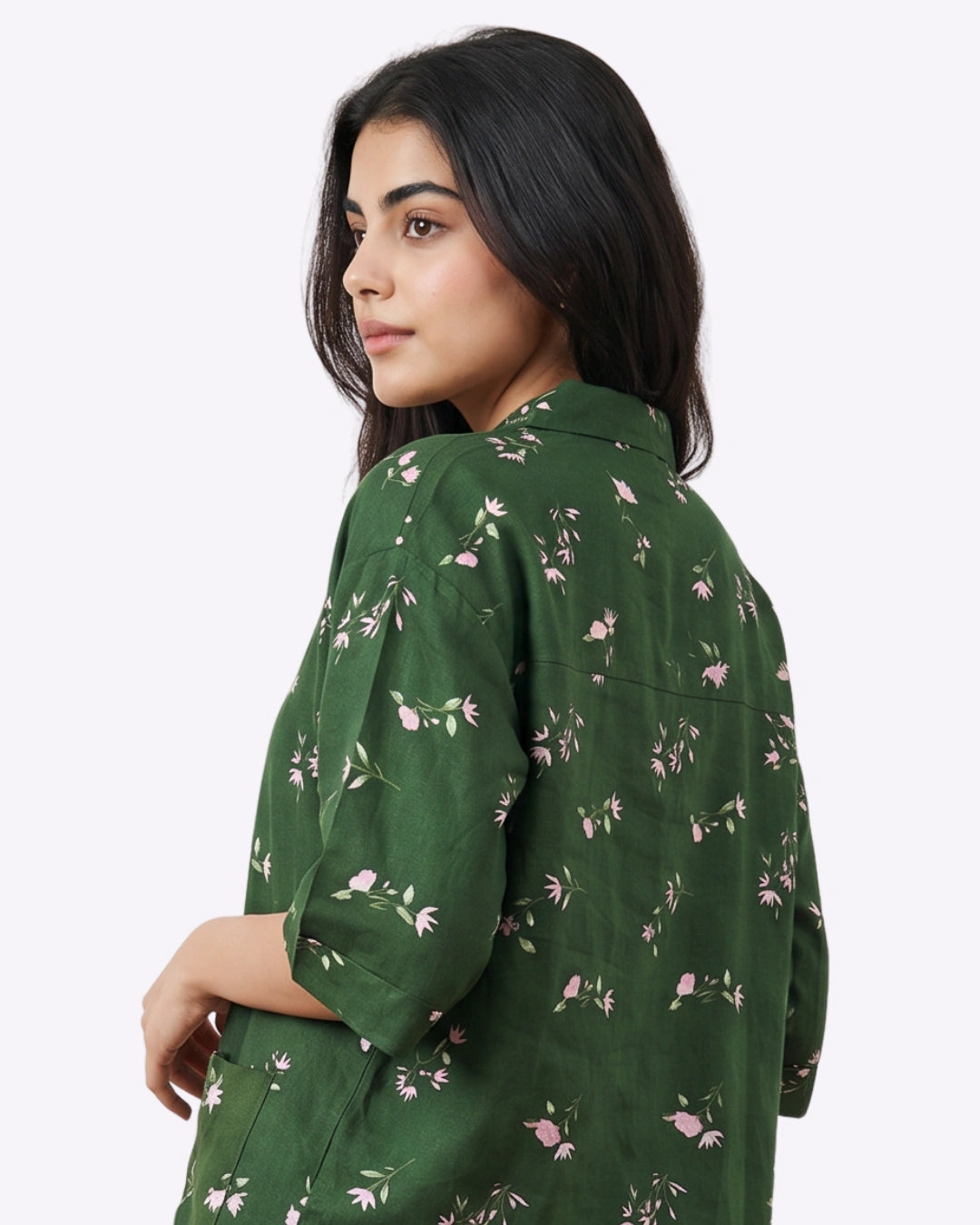 Linen Oversized PJ Set - Floral Breeze - Green