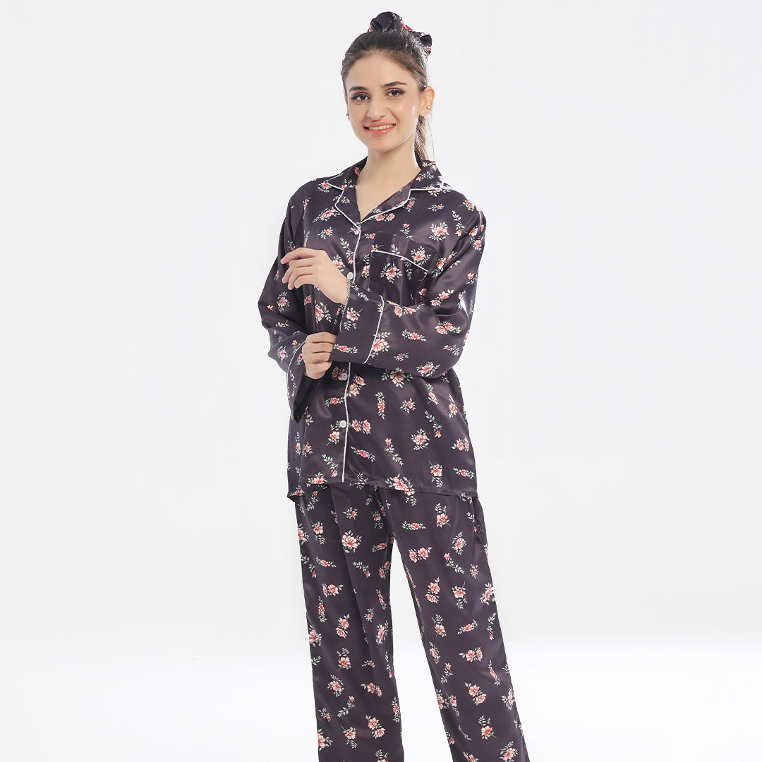 Silk Pajama Suit  with Scrunchie - Dark Fleur