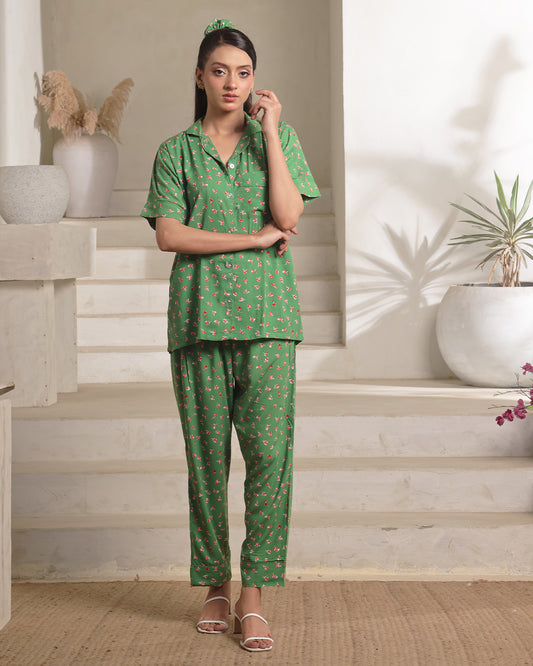Linen Pajama Suit with Scrunchie - Spring Drape