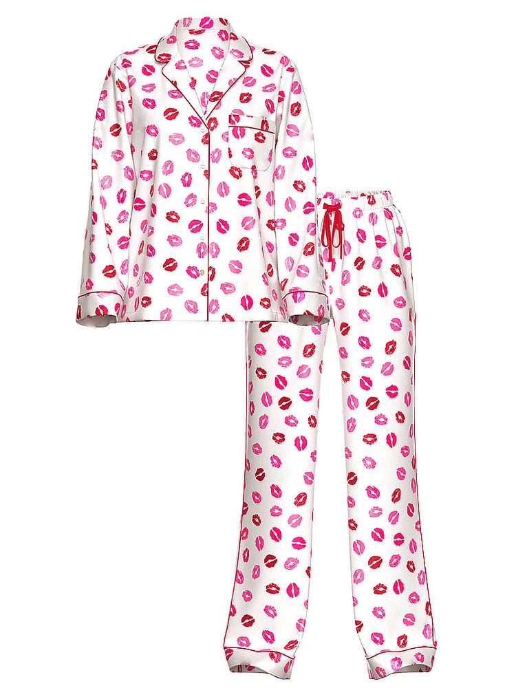 Sajiero Silk Pajama Suit with Scrunchie - Lush Lips
