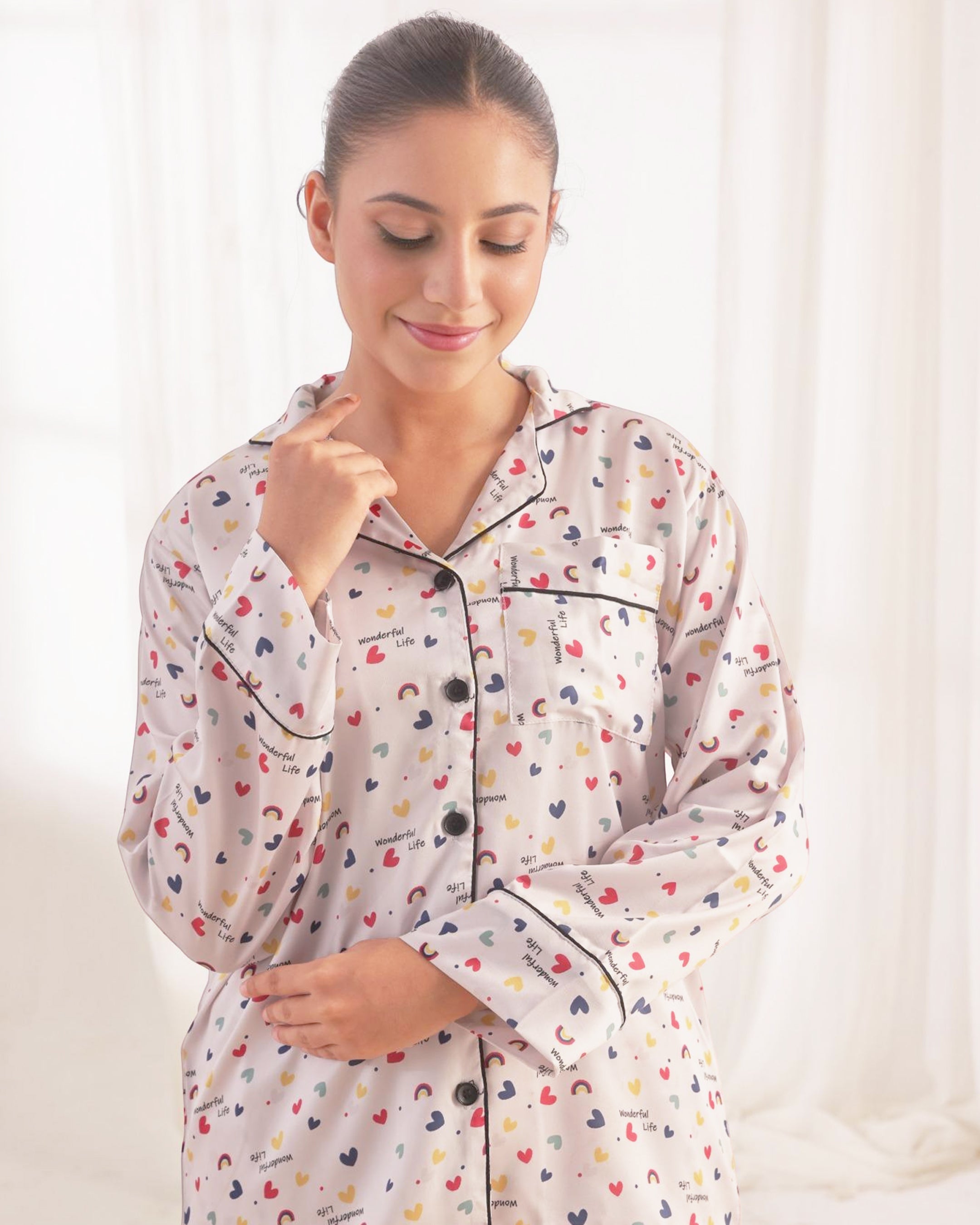 Silk Pajama Suit with Scrunchie - Joyful Hearts