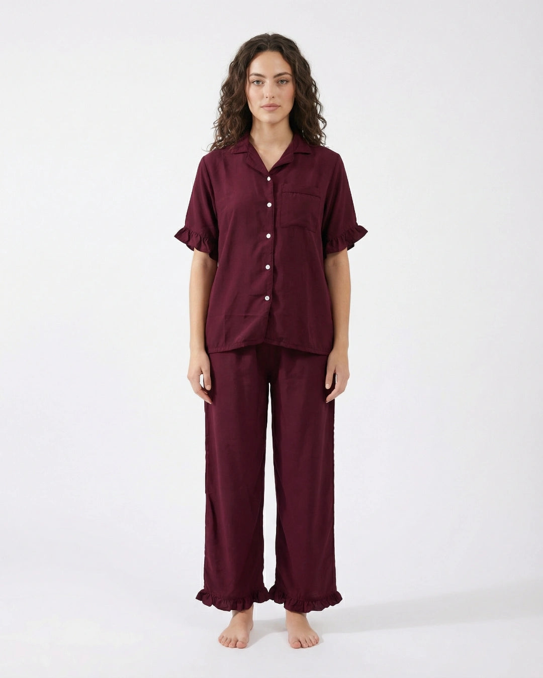 Half Sleeves PJ Set - Linen Comfort - Maroon