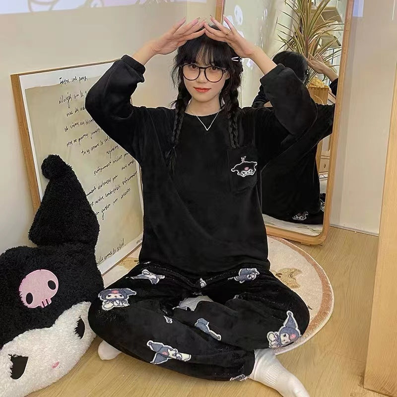 Fleece Long Sleeve Pajama Suit Black – Sajiero