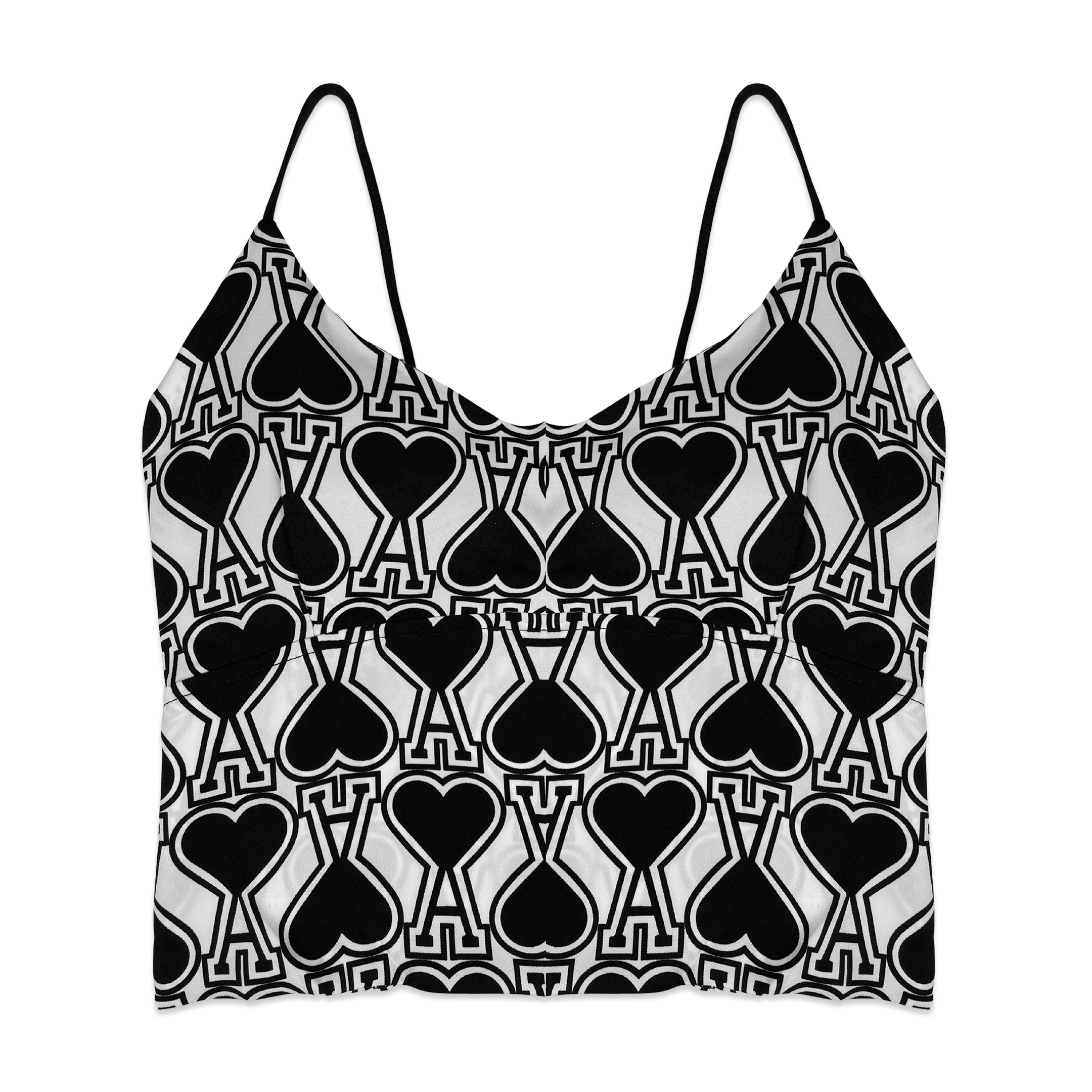 Black and white patterned crop top on a white background