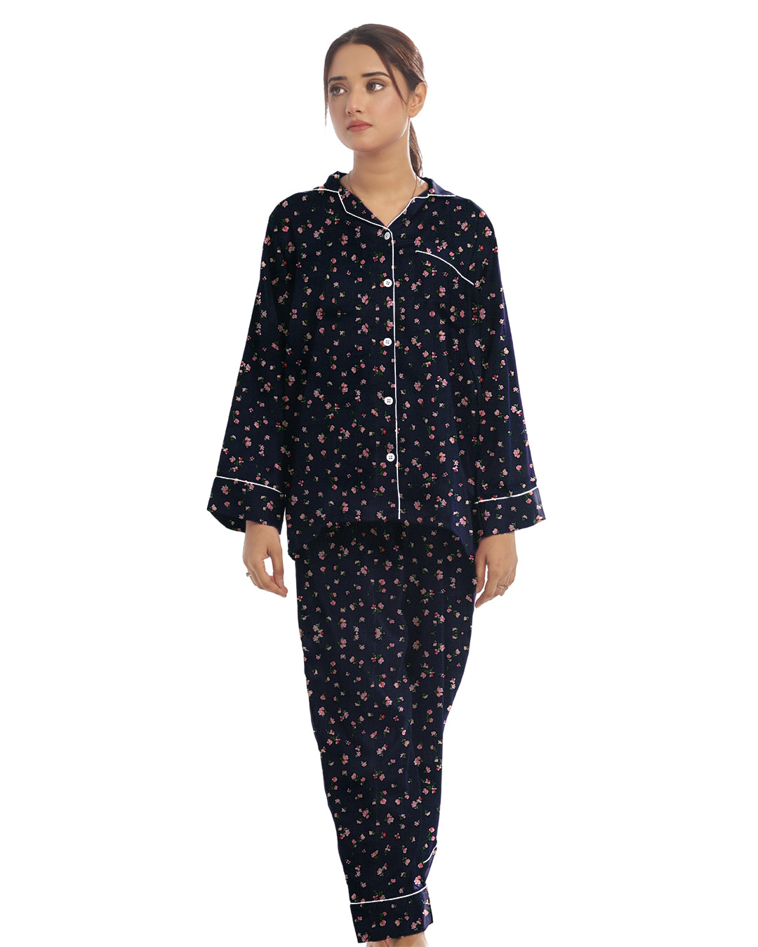 Sajiero Linen Pajama Suit with Scrunchie - Floral Nights