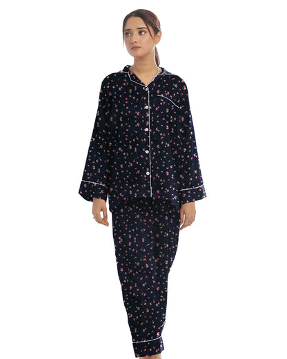 Sajiero Linen Pajama Suit with Scrunchie - Floral Nights