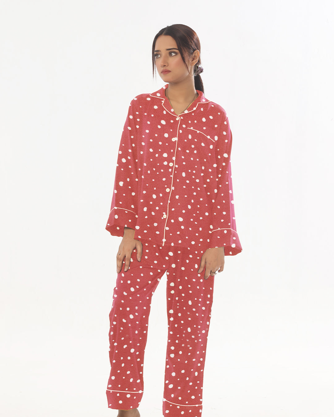 Linen Pajama Suit with Scrunchie - Rosy Polka