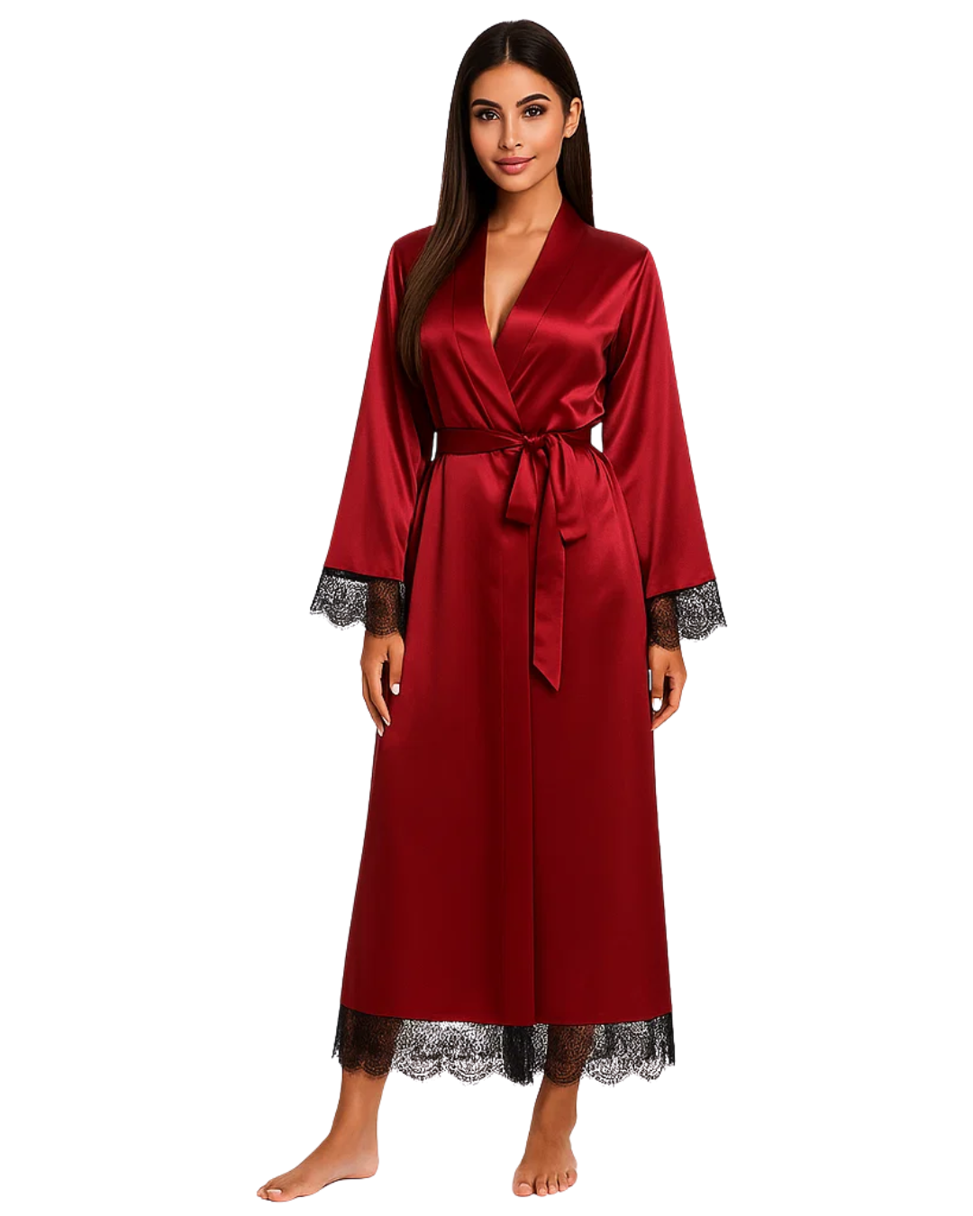 Red satin robe with lace trim on a white background