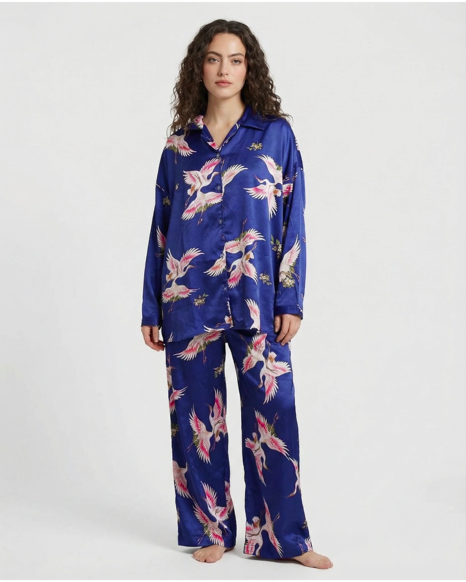 Oversized Silk Pajama Suit - Flamingo - Blue
