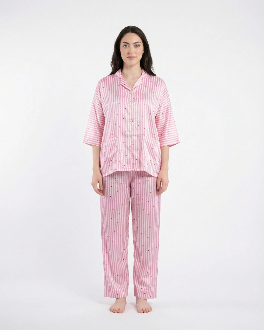 Drop Shoulder Silk Pajama Suit - Dreamy Hearts