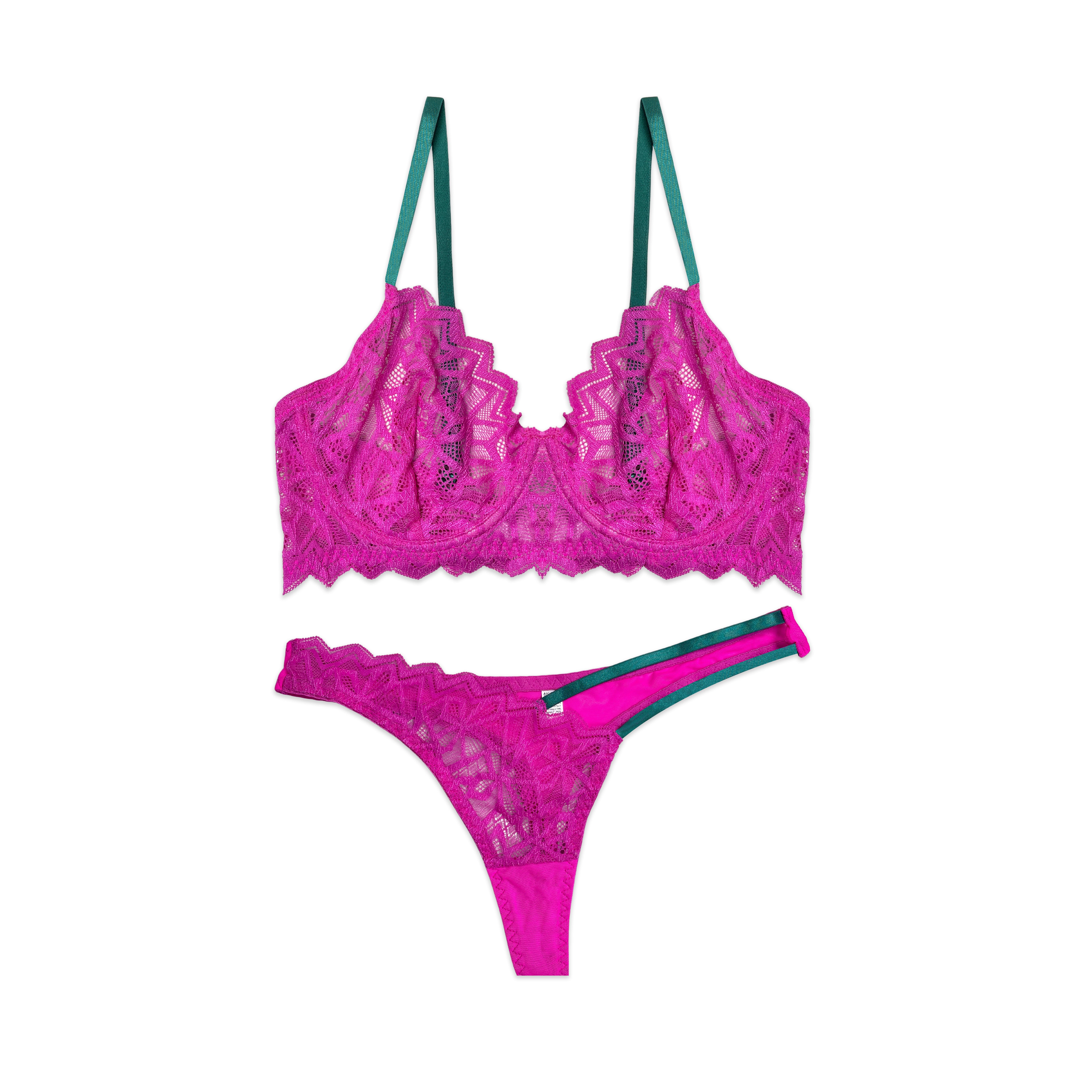 Pink lace lingerie set with green straps on a white background