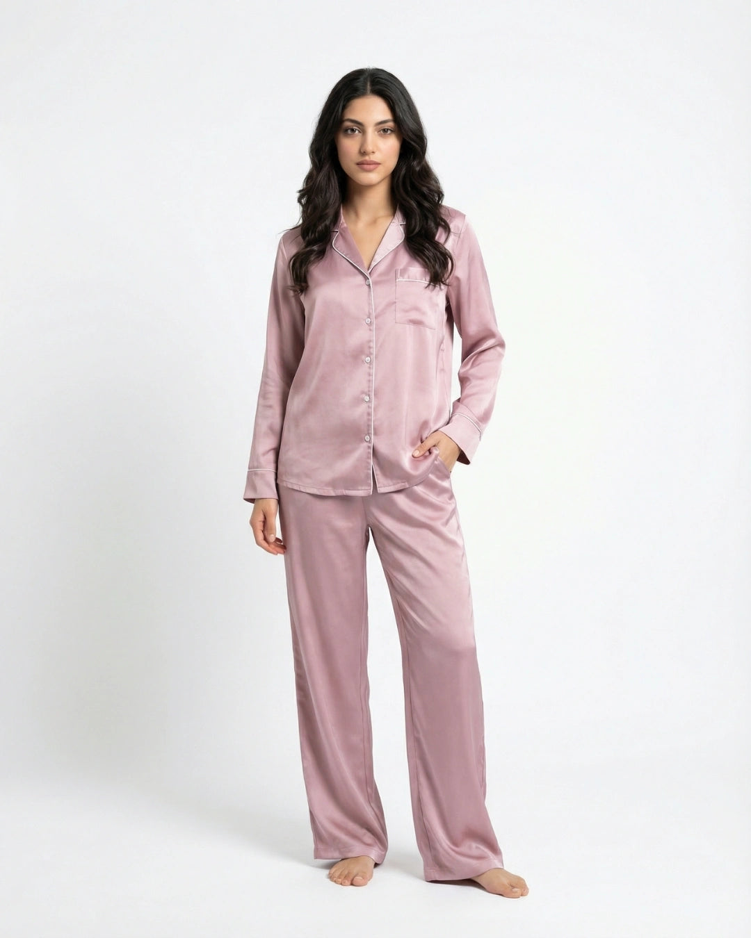 Satin Silk Pajama Suit - Noir - Pink