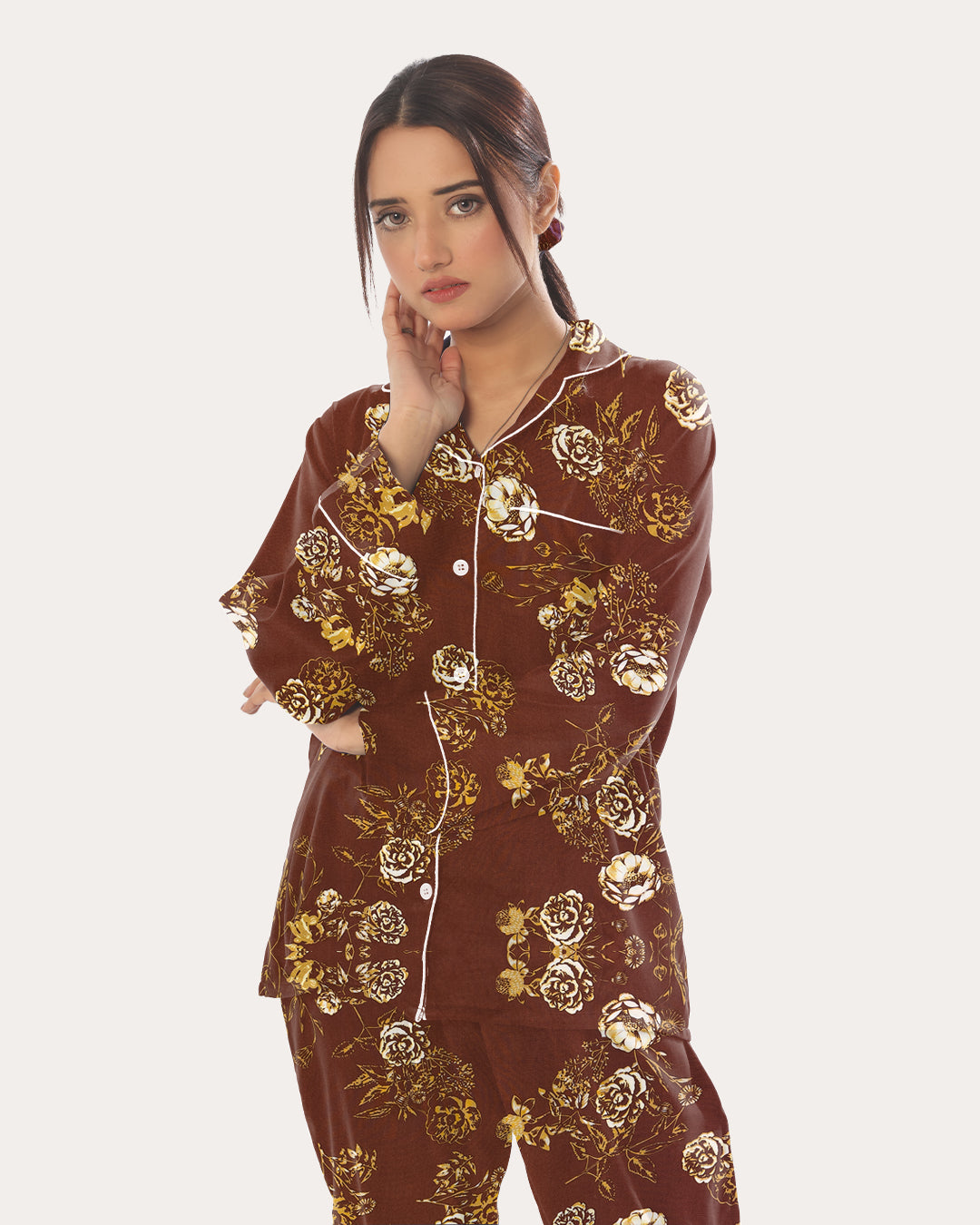Linen Pajama Suit with Scrunchie - Bronze Bloom