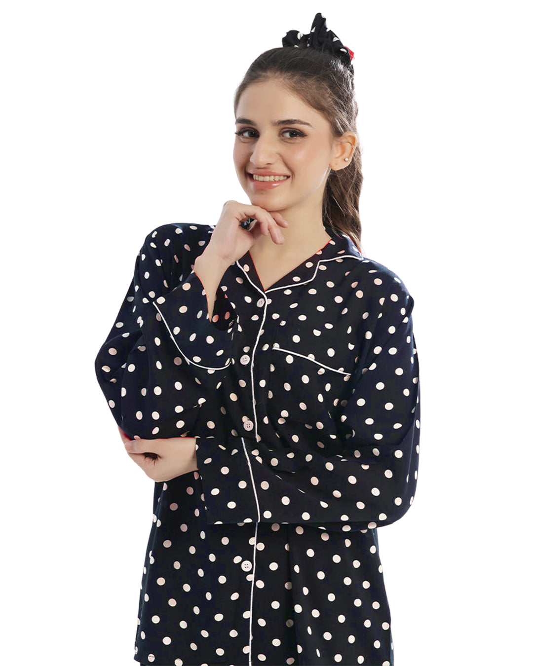 Sajiero Linen Pajama Suit with Scrunchie - Moonlit Polka